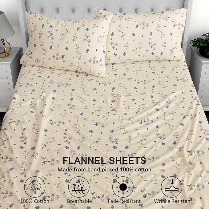 RUVANTI Flannel Sheets King Size - 100% Cotton Brushed King Size Sheets Set - Deep Pockets 16 Inches Bed Sheets - All Seasons Breathable & Extra Soft - Warm & Cozy, 4 Piece, Jasmine Stamp Cream