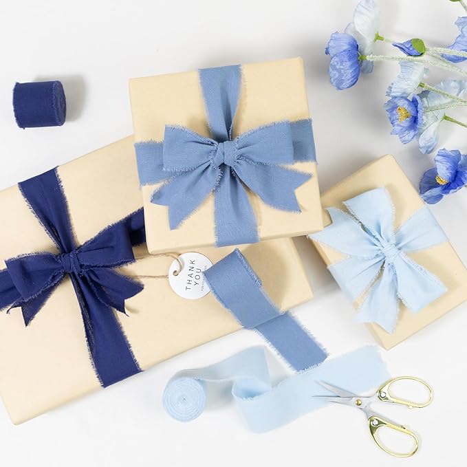 Blue Ribbon 1-1/2 Inch x 15 Yards Handmade Cotton Frayed Fringe Fabric Ribbons for Crafts Flower Bouquets Wedding Baby Shower Home DIY Decor