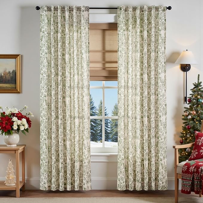 jinchan Linen Floral Curtains for Living Room with Printed Flower 84 Inches Long Light Filtering Farmhouse Window Treatment Vintage Drapes Back Tab Rod Pocket 2 Panels Green on Beige