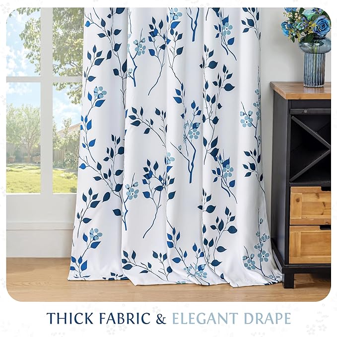 Beauoop Floral 100% Blackout Curtains 63 Inch Length 2 Panels for Bedroom Living Room Navy Blue and White Flower Patterned Room Darkening Thermal Soundproof Grommet Window Treatments Drapes, 52X63