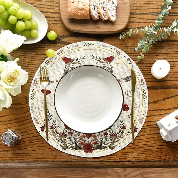 Artoid Mode Beige Poppy Moth Moon Round Placemats Set of 4, 14 Inch Floral Spring Round Table Mats for Party Kitchen Dining Decoration