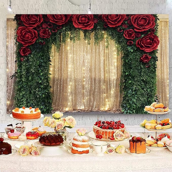 12x8ft Wedding Backdrop Red Rose Flowers Gold Sequin Wall Greenery Leaves Photography Background Bridal Wedding Party Banner Decorations Supplies Photo Booth Props