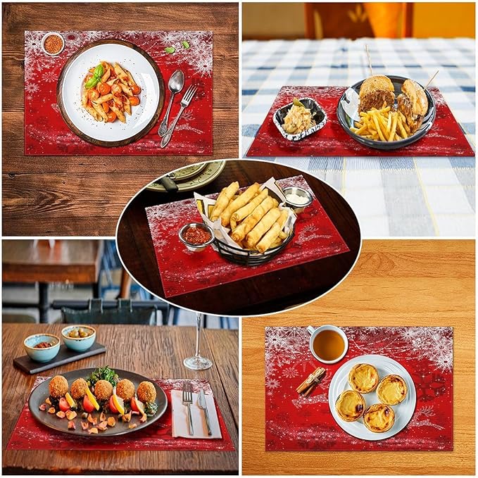 Christmas Elk Placemats Cartoon Red Festive Christmas Snowflake Gift Bell Beautiful Deer Placemats Table Kitchen Dining Party 12x18 Inch Set of 6