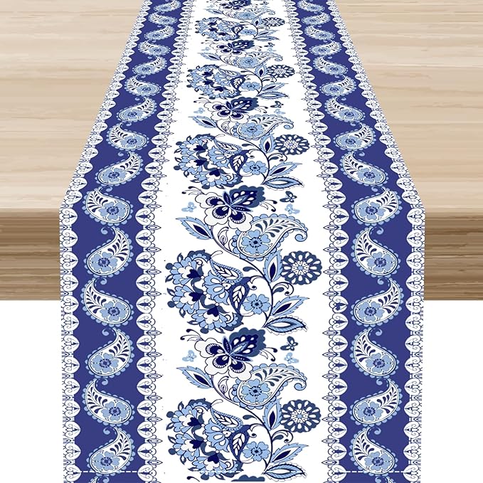 Blue Paisley Table Runner, Rustic Blue Bohemian Damask Exotic Flower Cafe Table Center Decor for Home Kitchen Dining Patio Holiday Party Indoor Outdoor Table Decorations 13x108 inch