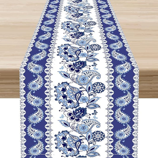 Blue Paisley Table Runner, Rustic Blue Bohemian Damask Exotic Flower Cafe Table Center Decor for Home Kitchen Dining Patio Holiday Party Indoor Outdoor Table Decorations 13x108 inch