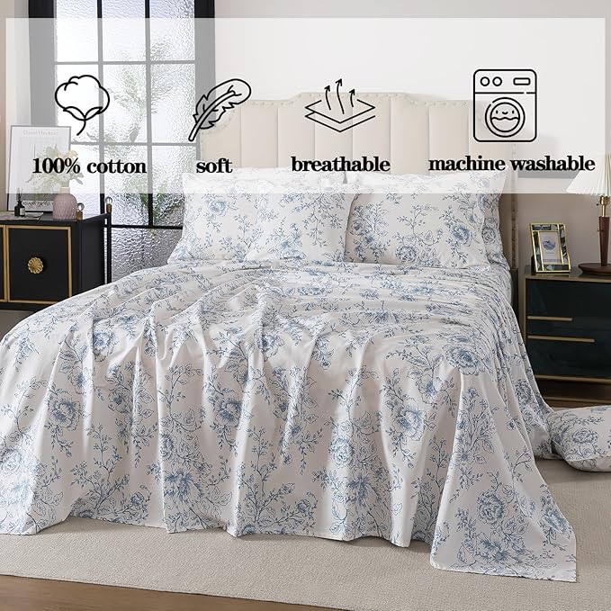 FADFAY 100% Cotton Blue Floral Bed Sheet Set, French Country Cottagecore Bedding 4Pcs, Luxury Soft Breathable Cooling Sheets with Deep Pocket Fitted Sheet, Flat Sheet & Pillowcases, Twin