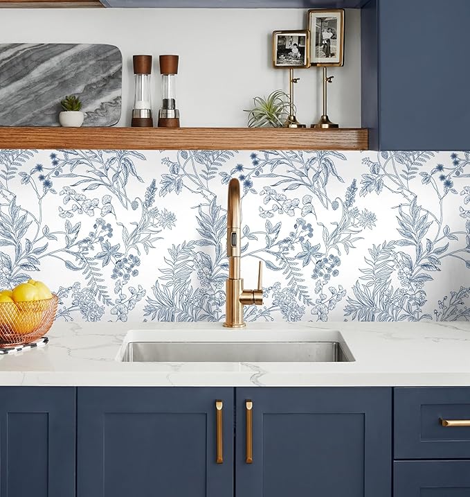 Peel and Stick Wallpaper Blue and White Floral Wall Paper for Bedroom Blue Contact Paper for Cabinets Self-Adhesive Removable Wallpaper for Bathroom Kitchen Wall Decor 197"x17.3"