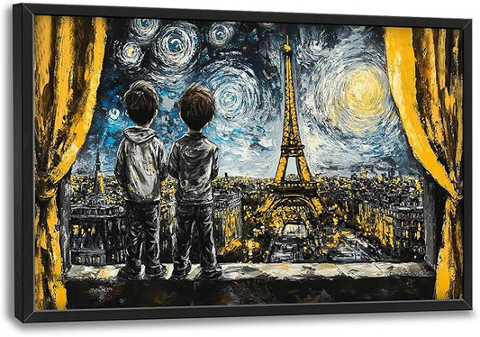 Graffiti Banksy Large Wall Art Inspirational Eiffel Tower Pictures Wall Decor Above Over Bed Canvas Prints Painting Framed Artwork Decoration For Bedroom Living Room 36"x24"