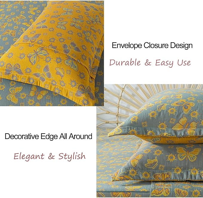 FADFAY Butterfly Sheets Set Queen Vintage Yellow Grey Floral Bedding Shabby Farmhouse Bedding Super Soft Washed Double -Layer Muslin Sheets 100% Cotton Deep Pocket Fitted Sheet 4Pcs, Queen Size