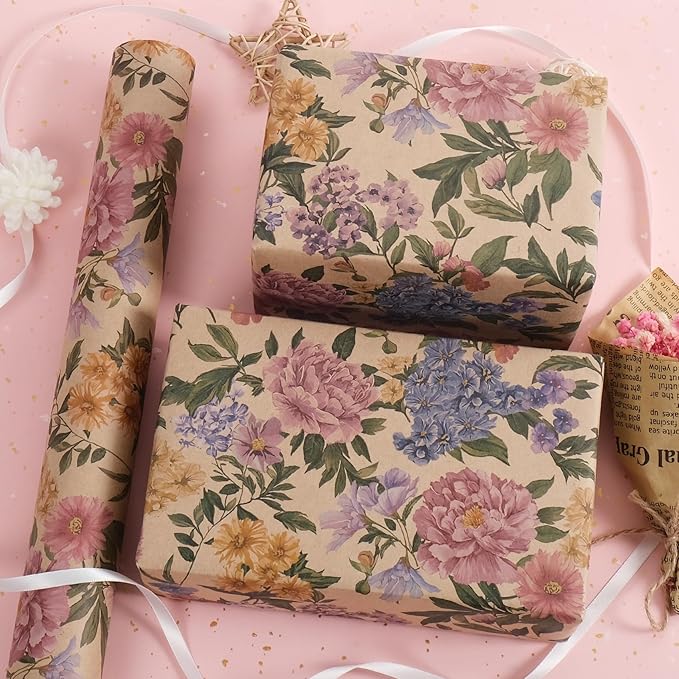 RayofSun Kraft Floral Wrapping Paper Roll 17 in x 16.5 ft Mini Roll Vintage Pink Peonies Wildflowers Garden Flower Gift Wrap Paper for All Occasion Wedding Birthday Bridal Shower Party Christmas