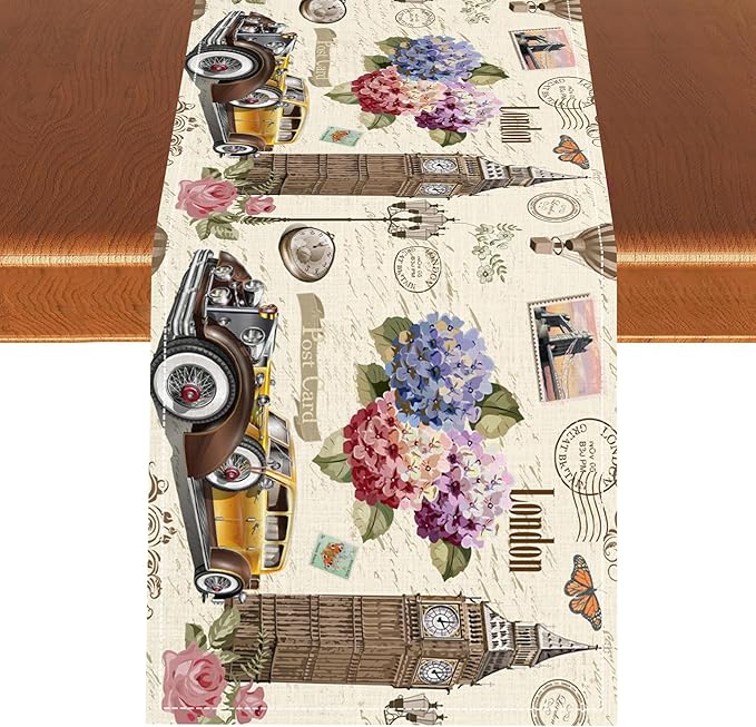 British Table Runner, Seasonal Vintage Floral England London Culture Element Coffee Table Center Decor for Home Kitchen Dining Patio Holiday Party Table Decorations 13x36 inches