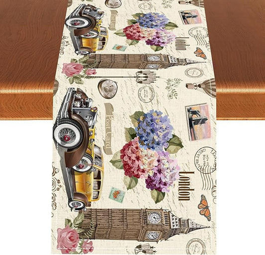 British Table Runner, Seasonal Vintage Floral England London Culture Element Coffee Table Center Decor for Home Kitchen Dining Patio Holiday Party Table Decorations 13x36 inches