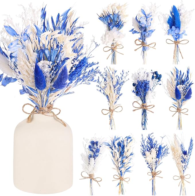 10 Pack Dark Blue Dried Flowers Bouquets Naturl Dried Flowers Decor Dry Wildflowers with Stem Mini Dried Floral Arrangement for Vase Carfts Wedding Table Centerpieces Graduation Party Decor