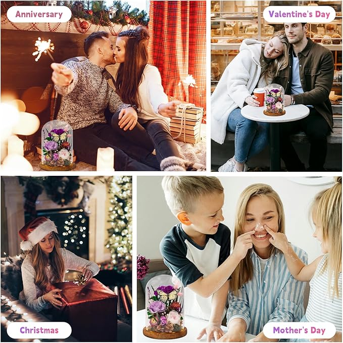 Eternal Flower with Butterfly: Big Flowers Big Love-Elegant Flower in Glass Dome-Thanksgiving, Christmas, Mom Gifts for Her-Flowers for Delivery Prime-Floral Arrangements(Purple)