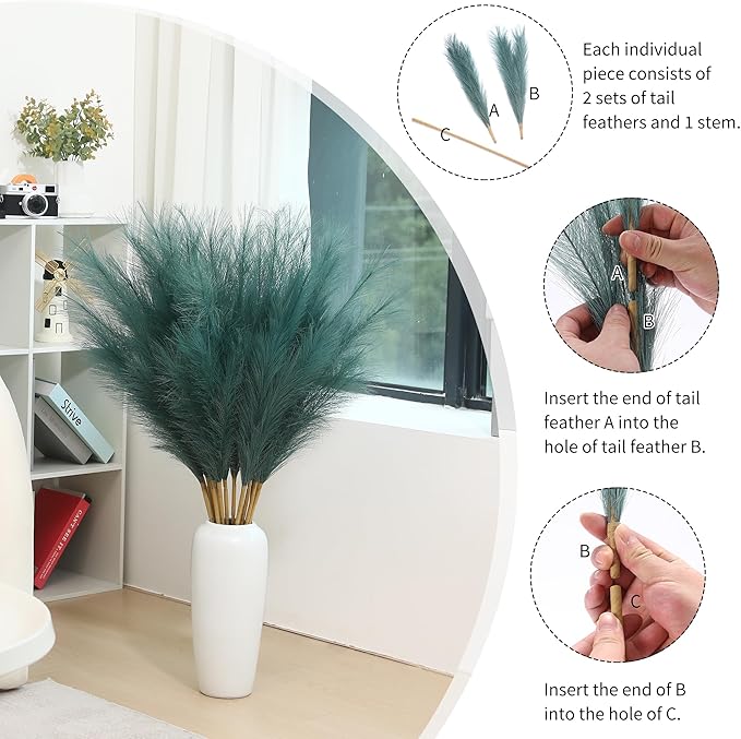 9 Stems Green Pampas Grass - 38 Inch Tall Pampas Grass Decor, Fluffy Artificial Pompas Floral for Vase Filler, Wedding, Party Farmhouse and Room Decor (Green)
