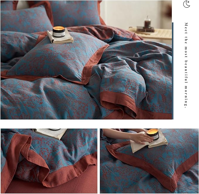 mixinni Muslin Cotton Vintage Blue Floral Duvet Cover Queen Size 3pcs Yarn Dyed Burgundy Jacquard Weave Bedding Comforter Cover Soft Breathable Bedding Sets for All Season-King Size