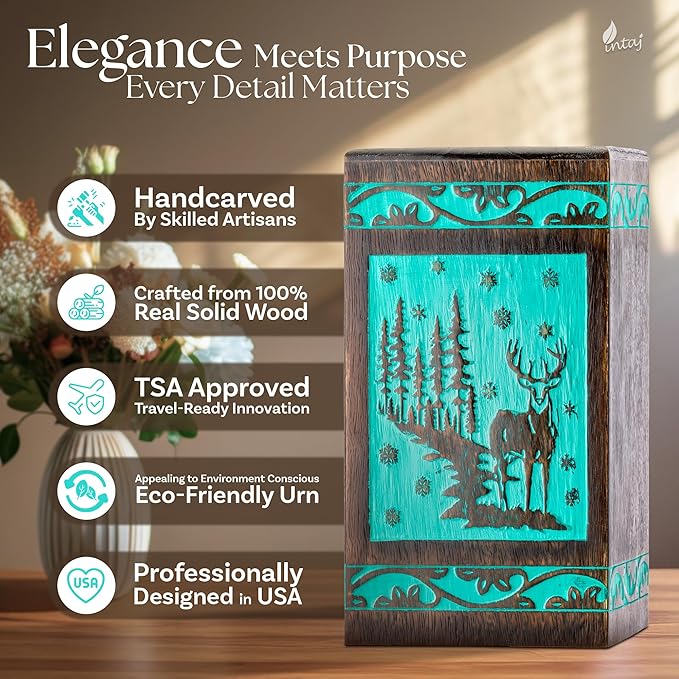INTAJ Handcarved Rosewood Teal Green Deer Urn for Human Ashes Adult Male Female - 250 lbs Forest Wooden Cremation Urn Box Suitable for Burial Funeral Decorative Wildlife Memorial Casket