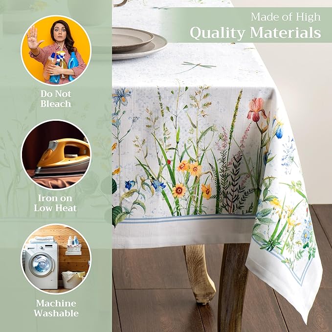 Maison d' Hermine Table Cloth Rectangle Table 100% Cotton 70 x 140 Inches Tablecloth Reusable Decorative for Dining Room, Farmhouse, Home, Party, Festive & Wedding Spring Summer - Fleurs De Mai