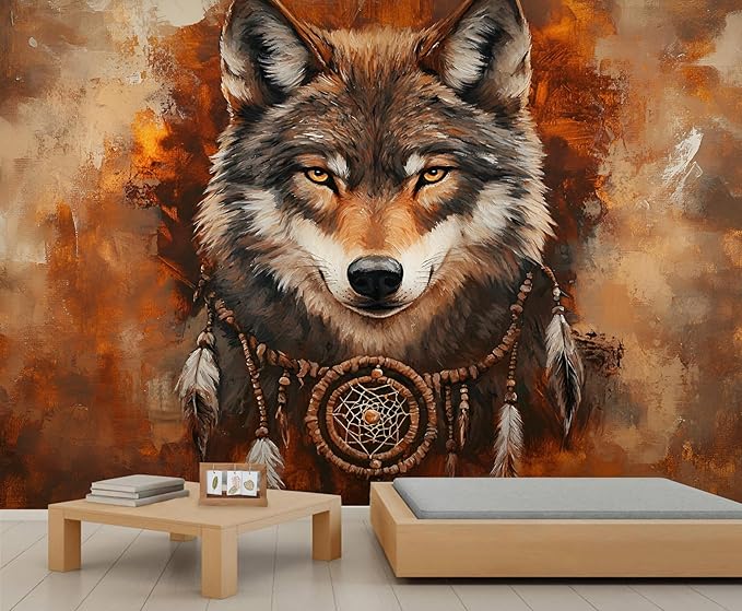 Wolf Dreamcatcher Wall Mural, Tribal Wolf 3D Wall Murals, Feathers Dreamcatcher Animal Totem Wallpaper Mural, for Living Room Bedroom Large Wallpaper Indoor Decor 157.5" W x110.3 H