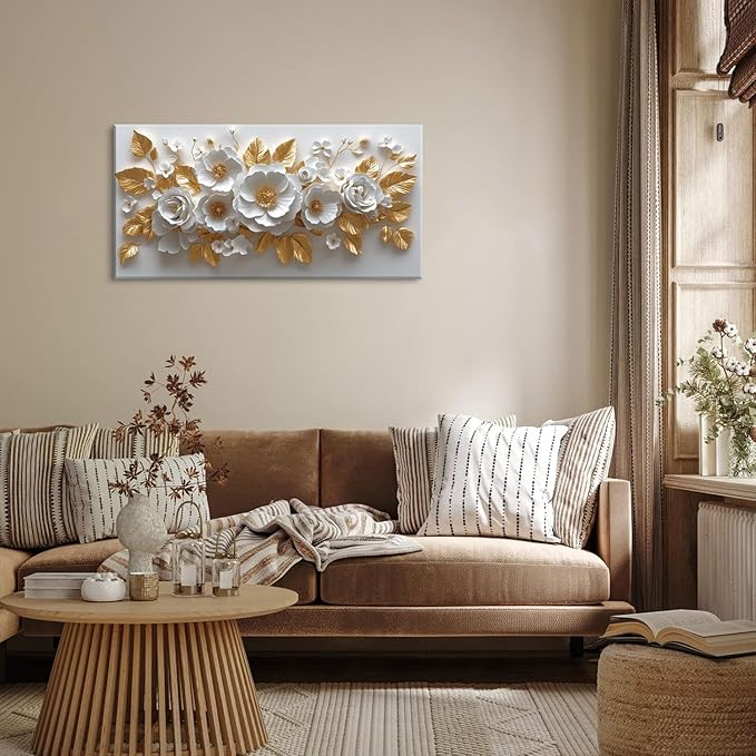 IDAFU Flower Wall Art White Foral and Golden Leaves Wall-décor White Wall Art Floral Painting Pictures for Living Room Bathroom Bedroom Kitchen Office Cuadros Decorativos Para Sala Decor 58L x28W