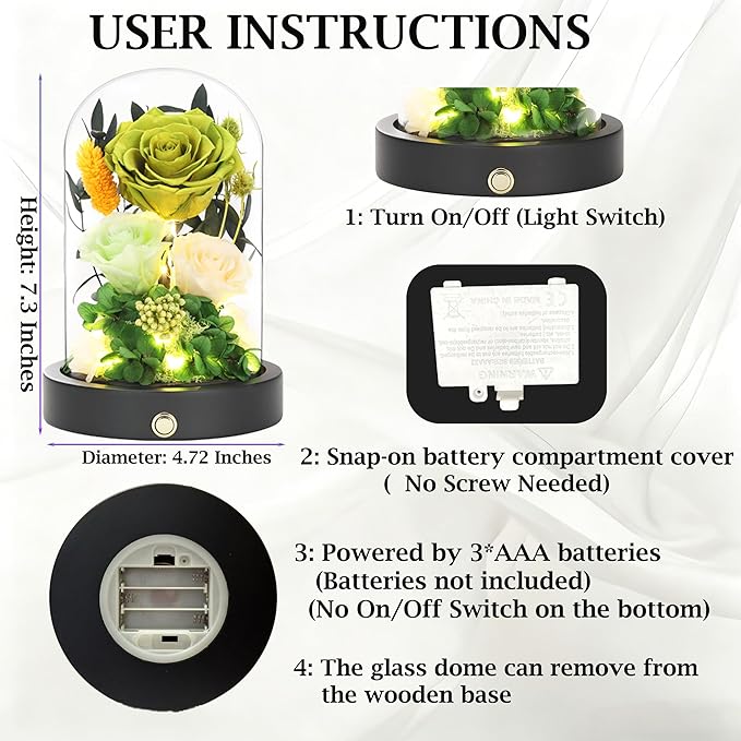 Preserved Flowers in Glass Dome with LED Light, Forever Flowers for Delivery, Eternal Roses Gifts for Women Mom Girlfriend Wife . Valentines Day Mothers Day Anniversary Birthday Gifts For Her(Green)