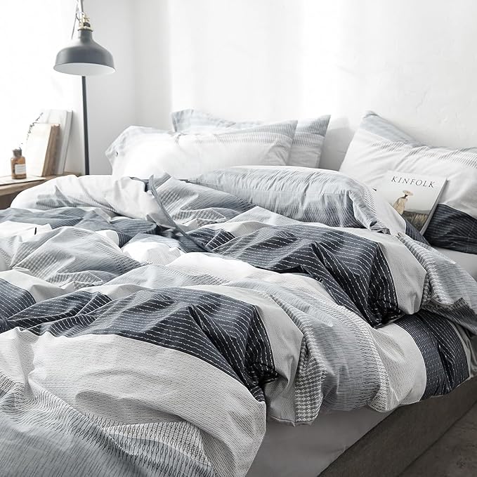LifeTB Full Comforter Set Blue Grey Striped Bedding Comforter Set Lightweight Soft All Seasons Bedding Sets Fluffy Down Alternative Comforter 3 Pieces Bed Set 1 Striped Comforter with 2 Pillow Shams