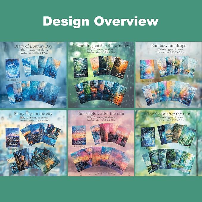 60Pcs Rainy Day PET Stickers, Large Landscape Journal Stickers for Scrapbooking and Planners, Waterproof Craft Supplies