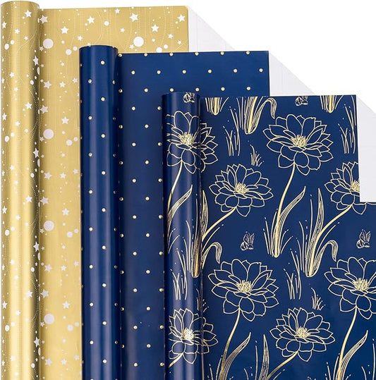 LeZakaa Floral Wrapping Paper Roll, Luxury Metallic Gift Wrap with Floral, Stars & Polka Dot Design for Mothers Day, Wedding, Bridal Shower, Birthday, Anniversary, 17 x 120 inches, 3 Rolls, Mini Roll