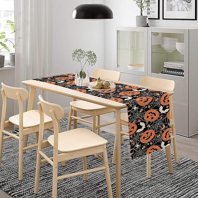 Bat Table Runner,Halloween Pumpkin Spider Web Table Runner for Home Kitchen Table Dining Garden Farmhouse Wedding Party Decor 13x60 Inch