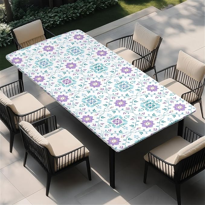 Rectangle Table Cloth Cover Waterproof Elastic Fitted Polyester Fitted Tablecloths for 6 Foot Tables for Indoor,Picnic, Camping, Outdoor （72" x 30"，Geometric Flowers）