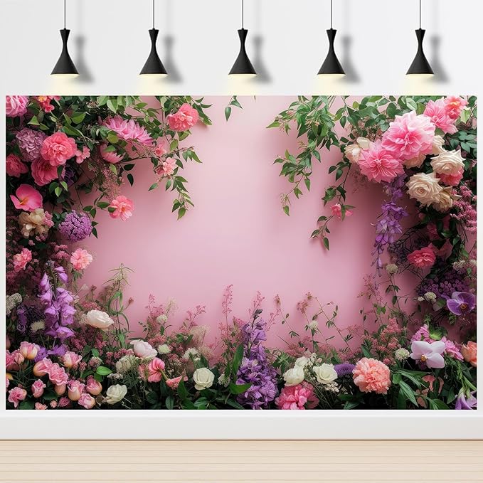 Flowers Photography Backdrop Colorful Flowers Composition Green Leaves on Pink Background for Girls Kids Children Wall Banner Cake Table Decoration Video Studio Photo Portrait Props 20x10ft