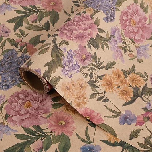 RayofSun Kraft Floral Wrapping Paper Roll 17 in x 16.5 ft Mini Roll Vintage Pink Peonies Wildflowers Garden Flower Gift Wrap Paper for All Occasion Wedding Birthday Bridal Shower Party Christmas