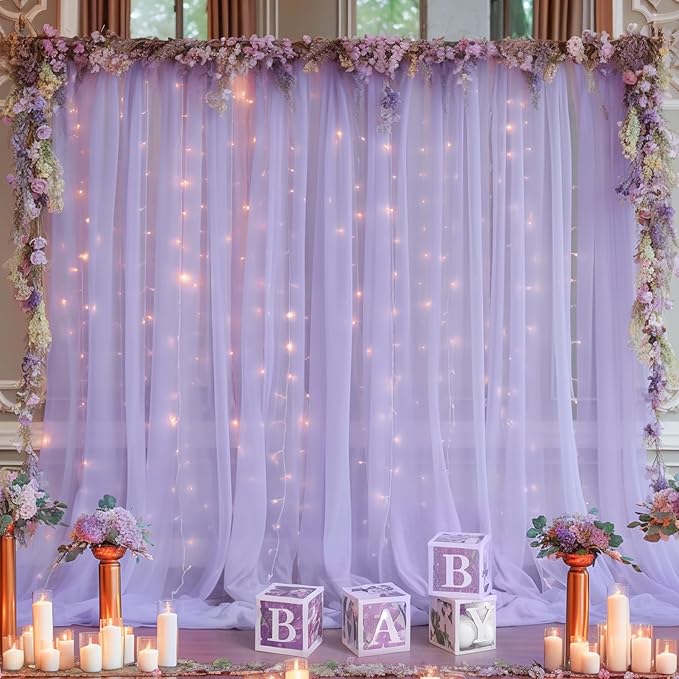30ft x 10ft Purple Backdrop Curtain with Lights String for Parties, Sheer Tulle Wedding Photo Backdrops Drapes for Baby Shower Birthday Party Decorations Background for Photography