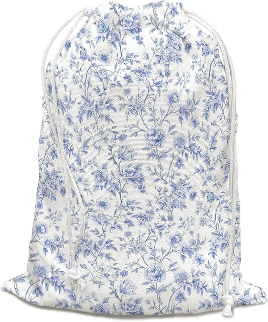 DSHFG Chinoiserie Light Blue Toile Floral Birthday Drawstring Gift Wrap Bags, Chinoiserie Baby Shower Drawstring Gift Bags Canvas, Small Happy Birthday Bag Gifts for Women, 10x13 Inch
