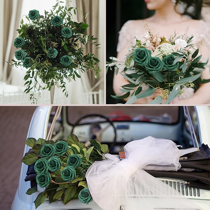 Artificial Flowers Roses Real Looking Foam Fake Roses with Leaves and for DIY Wedding Bouquets Bridal Shower Centerpieces Party Decorations (Peacock Green, 100)