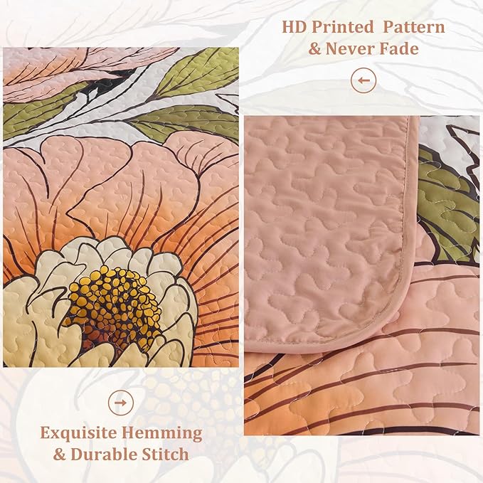 Dintszyayue Pink Quilt Set Queen,3 Pieces Floral Bedspreads Lightweight Coverlet Set for All Seasons, Reversible Quilted Printed Bedding Set with 2 Pillow Shams