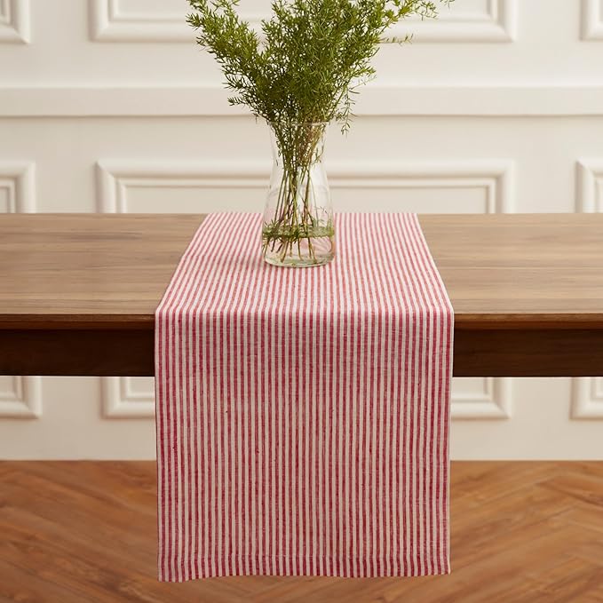 Solino Home Linen Table Runner 72 Inches Long - Narrow Stripe, 100% Pure Linen Red and White Table Runner 14 x 72 Inch for Dining, Dresser, Valentines, Winter, Spring, Easter