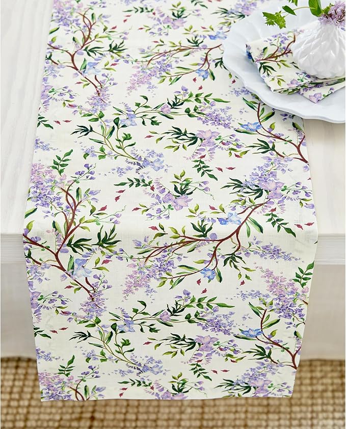 Solino Home Lilacs Floral Print Table Runner 36 inch - 100% Pure Linen Table Runner 14 x 36 Inch - Handcrafted and Machine Washable - Lilacs/Off White Print