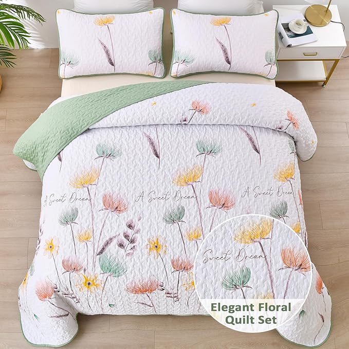 Dinjoy King Size Quilt Set Floral,3 Pieces Green & Yellow Quilts Coverlet Set Boho Cute Bedspreads Bed Cover Lightweight White Bedding Sets for Spring Bed (90"x110")