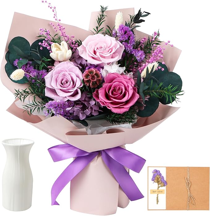 Preserved Flowers Bouquet, Real Eternal Flowers, Gifts For Women, Birthday Gifts For Mom Friends Her Girlfriend Sister, Valentine (Pastel Lilac)