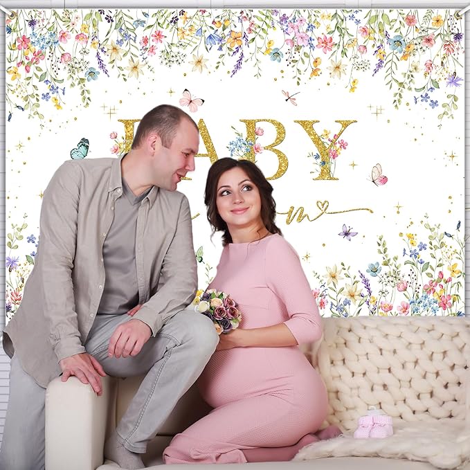 Avezano Baby in Bloom Backdrop Wildflower Baby Shower Party Decorations Watercolor Floral Baby in Bloom Banner Gold Glitter Butterfly Photography Background Cake Table Banner (7x5ft)