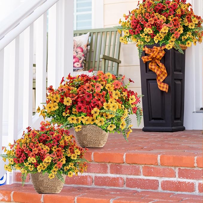 Artificial Fake Flowers Plants for Outdoor,18 Bundles Faux Plants Outside No Fade Plastic UV Resistant for Front Door Porch Patio Balcony Garden Yard Decorations