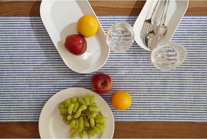 Solino Home Linen Table Runner 36 Inches - Narrow Stripe 100% Pure Linen Navy and White Table Runner 14 x 36 Inch Ideal for Dresser and Coffee Tables - Winter, Spring, Easter