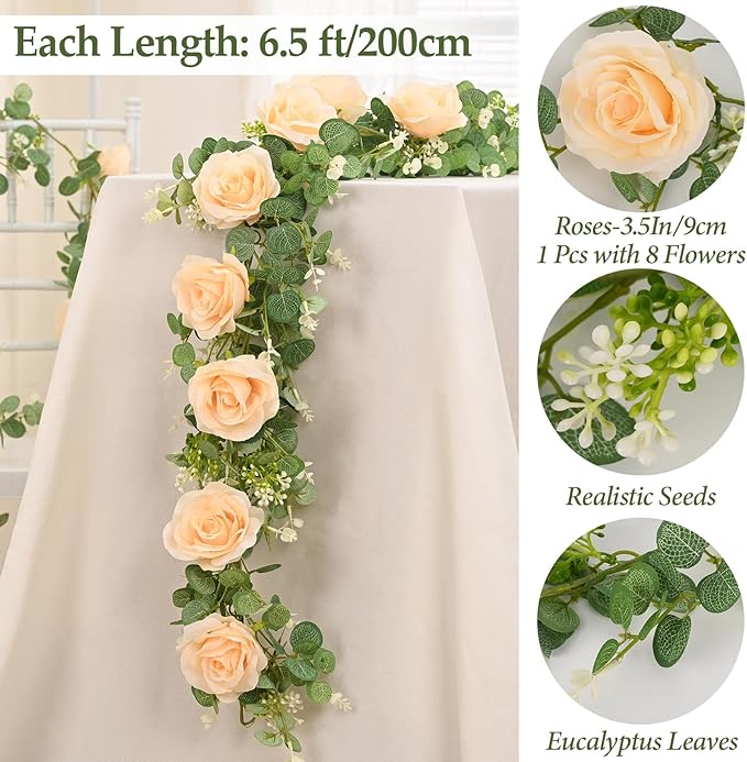 Dolicer 2Pcs 13Ft Artificial Eucalyptus Garlands with Flowers - 8 Roses, Faux Floral Greenery Garlands Fake Flowers Vines for Wedding Table Centerpieces Arch Party Ceremony Backdrop Decor (Champagne)