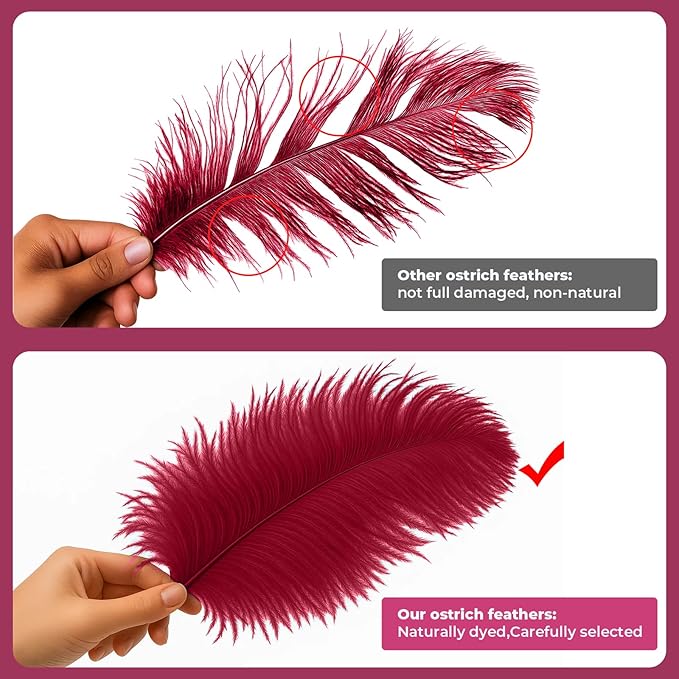 Piokio 20pcs Natural Claret Ostrich Feathers 10-12 inch (25-30cm) Bulk Feathers for Home Decoration and DIY Clothing and DIY Clothes Decoration, Gatsby Decorations