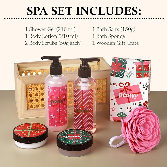 Freida & Joe Peony Spa Gift Set – 7-Piece Bath & Body Gift Basket for Women & Men | Shower Gel, Body Lotion, Body Scrub, Bath Salt | Relaxing Self Care Gift