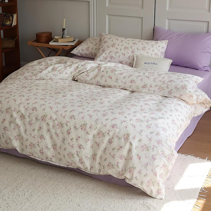 EAVD Vintage Style Pink Purple Floral Duvet Cover King Soft White Soft Cotton Chic Garden Floral Bedding Set with 2 Pillowcases Reversible Floral Print Comforter Cover with Zipper Closure