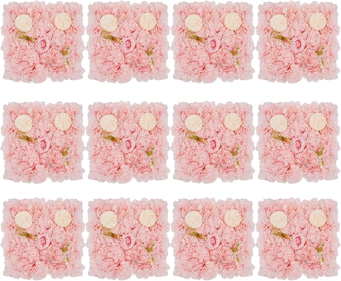 12pcs Artificial Flower Panels, 3D Floral Mat Silk Hydrangea Rose Floral Panel for Wedding Backdrop Wall Decor Shop Photo Backdrop, Festival & Event Wall Décor (15 x15in, Champagne Pink)