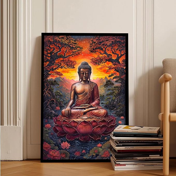 Golden Buddha on lotus seat serene meditation statue amidst lush trees flowing water and sunrise light spiritual home art for a tranquil decor 12x18in Metal blackFramed