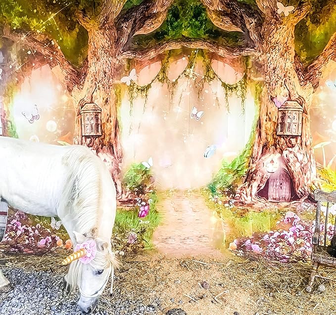 Leowefowa 10x10ft Vinyl Birthday Backdrops Fairy Tale Forest Enchanted Flower Baby Shower Photo Backgrounds for Birthday Party Photoshoot Newborn Baby Kids Children Studio Props Photography Banner